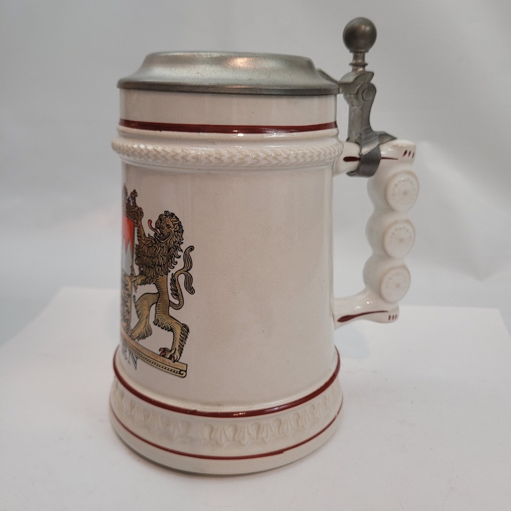 Gerz Beer Stein Bayern Bavaria Coat of Arms Lions Pewter Lid West Germany 6in
